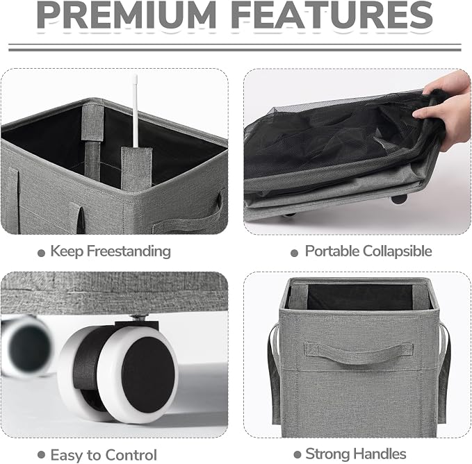 CHICVITA 75L Slim Laundry Basket with Wheels & Wash Bag, Light Grey | Removable wash bag, space-saving slim design for bedroom and college dorm. Rolling clothes hamper