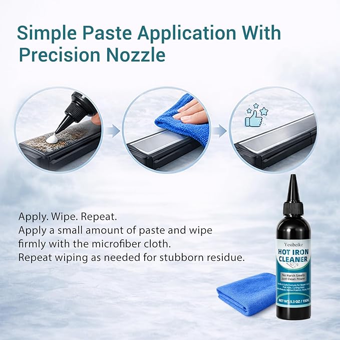 150g No Smoke Iron Cleaner, Cold Use Soleplate Cleaner Paste for Steam Irons, Removes Starch, Melted Fabric & Glue, Safe for Flat & Curling Irons, with Microfiber Cloth