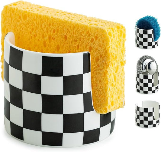 Zoeeker Checkered Kitchen Sink Sponge Holder, Dish Sponge Rack Ceramic Brush Holder Farmhouse Kitchen Drying Rack for Brush, Scrubbers, Bathroom, Sink, Black and White