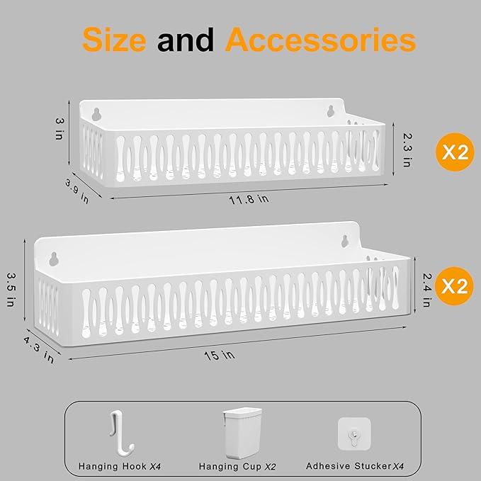 Sevenblue 4-Pack Magnetic Spice Rack for Refrigerator with Hooks, White | Strong multipurpose magnetic shelf for kitchen & bathroom organization. Includes 4 removable hooks for hanging items.