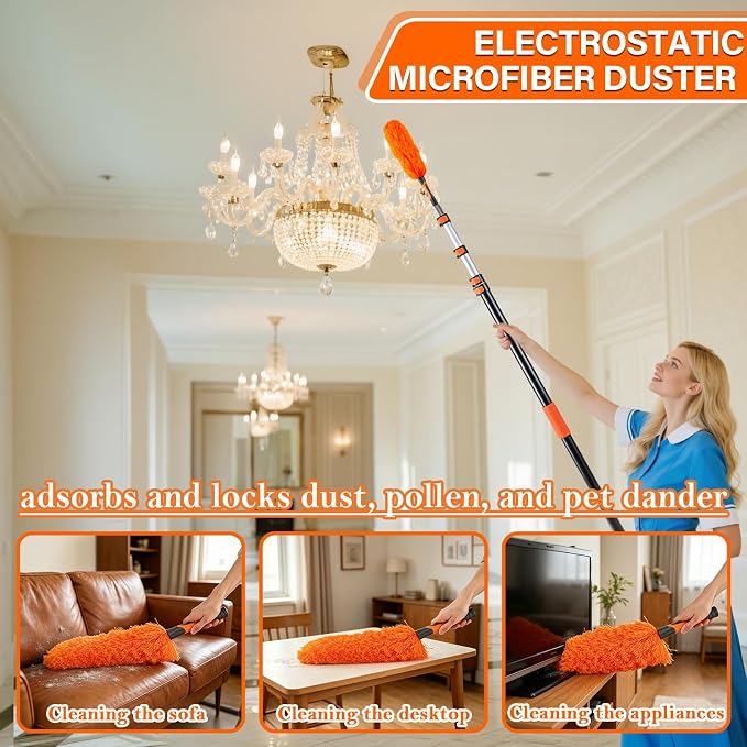 26FT High Ceiling Duster with Extension Pole,High Reach Duster Cleaning Kit | Ceiling Fan Cleaner Duster, Cobweb Dusters & Window Cleaning Squeegee Kit for Fan Blades, Furniture, Corner, Long Dusters