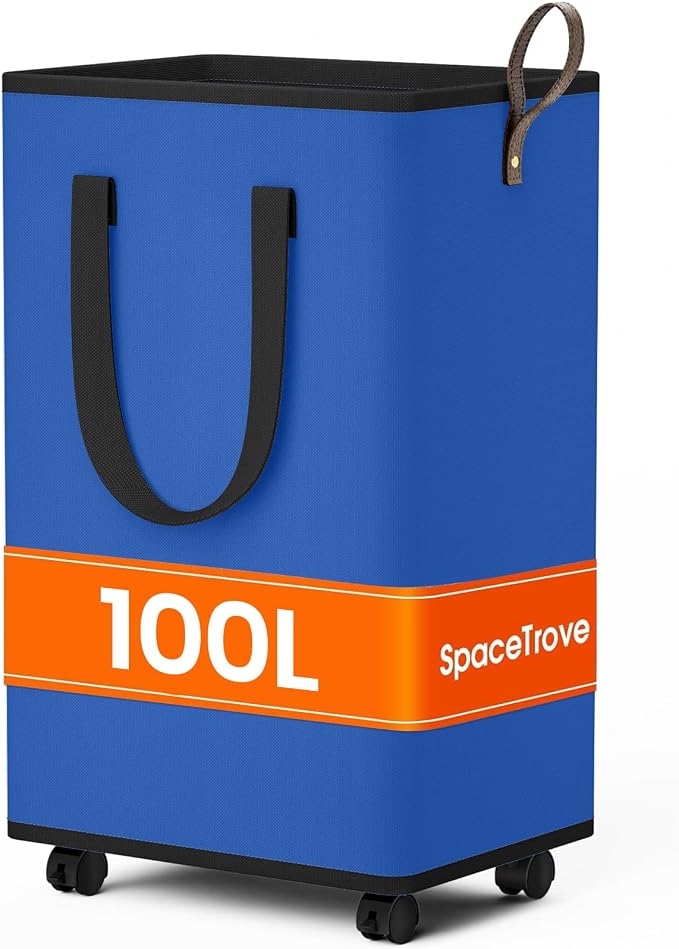 SpaceTrove Rolling Laundry Basket with Wheels, Laundry Hamper, 100L, Blue | Collapsible, 4 detachable wheels including 2 with brakes, sturdy handle, metal frame, for dorms, bathrooms and bedrooms