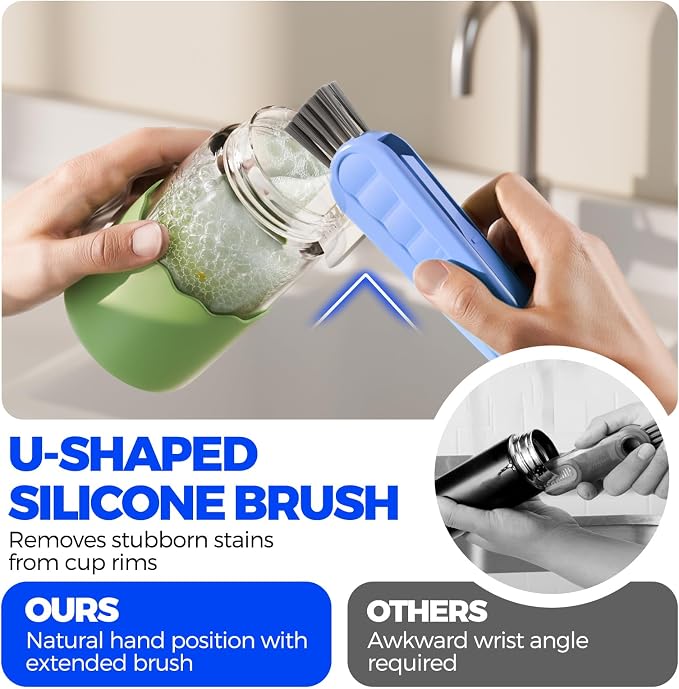 Holikme 6 Pack 4 in 1 Cup Lid Cleaning Brush 3 Straws Bottle Brush,Blue | 4 in 1 Cup Lid Cleaning Brush Multifunctional Bottle Brush, Silicone Cup Lid Gap Cleaner, Bristle Crevice Cleaning Brush
