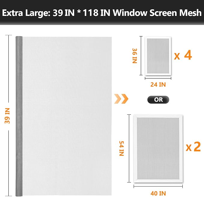Secopad Window Screen and Screen Door Mesh Repair Kit, Grey, 39in x 118in | Replacement Tools Kit, Easy to Install, Extra Large, Durable Fiberglass, Pet and Kid Friendly, For Window Door Patio & Porch