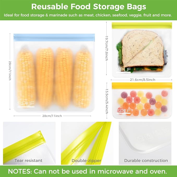 SPLF 6 Pack Reusable Gallon Freezer Bags Dishwasher Safe, BPA Free 1 gallon Leakproof Silicone and Plastic Free Food Storage Bags for Meal Prep, Fruits, Sandwich, Snack, Travel Items - Muticolor