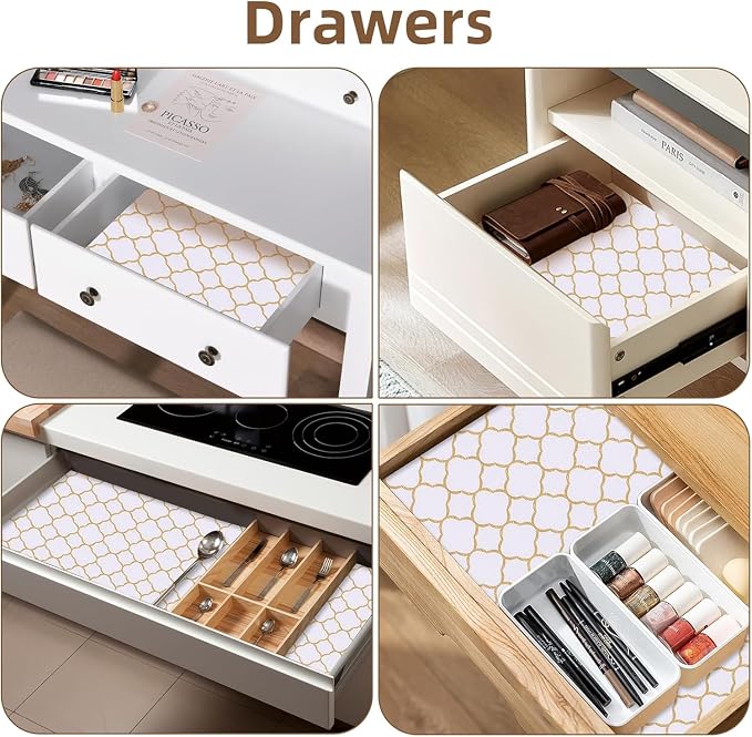 Shelf Drawer Liners for Kitchen Cabinets 23.6 in X 30 Ft Drawer Liner | Non Adhesive Thickened Refrigerator Liner Gold Quatrefoil Strong Non-Slip Paper for Tool Box with Knife and Tape Measure