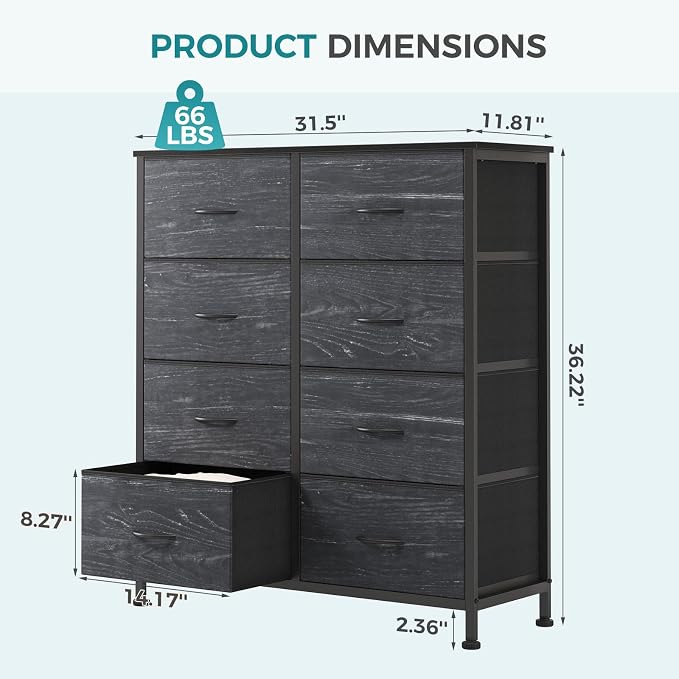 OLIXIS Dresser for Bedroom, 8 Storage Drawers, Tall Fabric Tower Organizer | Large Dresser for Closet, Chest of Drawers with Metal Frame Wooden Top for Nursery, Living Room, Black Wood Grain