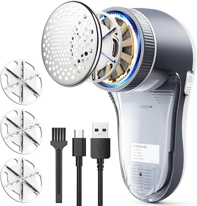 POPCHOSE Fabric Shaver, Lint Shaver with 6-Leaf Blade, Rechargeable | Lint Remover with Type-C Fast Charing Port, Sweater Defuzzer, Clothes Shaver for Couch, Furniture, Blanket, Remove Pilling