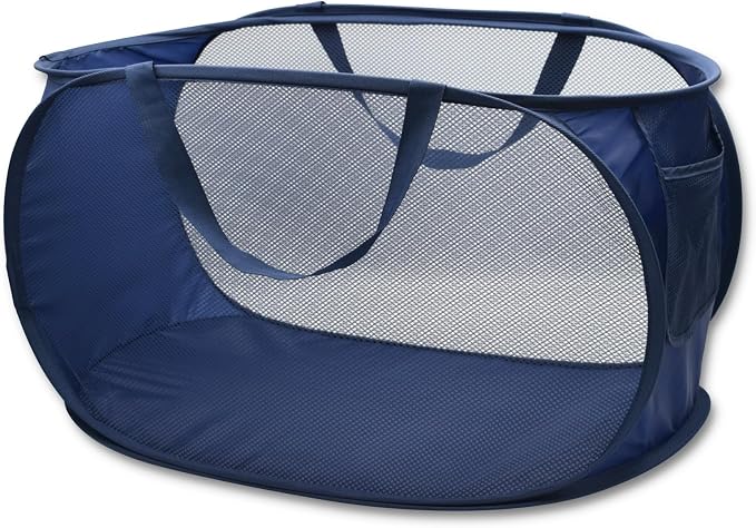 Sturdy Mesh Laundry Hamper Basket Bag,collapsible Pop up for Laundry Room | Folding Foldable Baskets with Side Pocket Travel Clothes Organizer for Bathroom,Kids Room,College Dorm (Horizontal,Navy Blue)