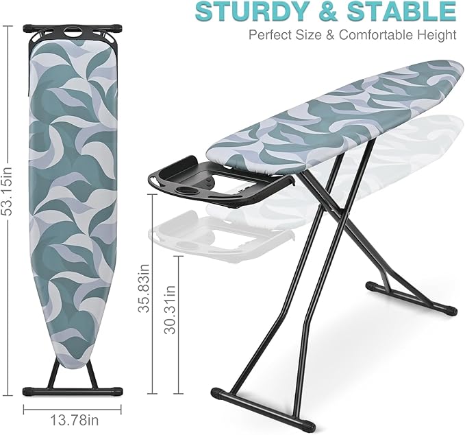 APEXCHASER Foldable Ironing Board Full Size, Iron Board with Heat Resistant Cover, Iron and Ironing Boards Set with 7-Lever Height Adjustable, Iron Table Stand with Non-Slip Metal Legs 14x54,Blue