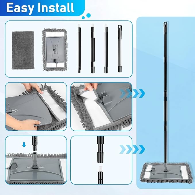 19" Wall Cleaner Mop with Long Handle for Wall Ceilings Floor Cleaning | Large Wall Duster Mop/ Microfiber Chenille Reusable Pads/Dry Wet Use for Painted Walls/Floor/ Baseboard/ Ceiling