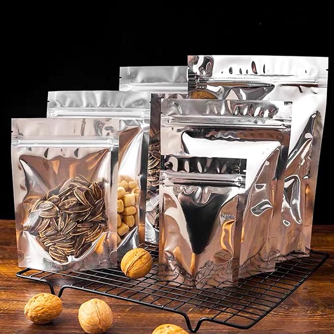 200 Pack 5x8 Mylar Bags with Window Stand Up Bgas 7.5mil Thick for Food Storage and Resealable for Small Business Packaging Bag | 7.5 Mil Thick, Food Storage, Resealable Closure, Small Business Packaging, Upright Base, Viewing Panel