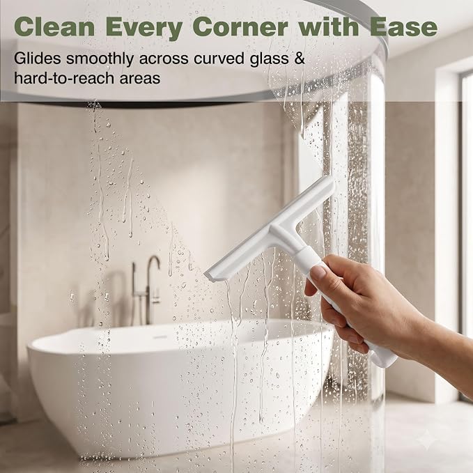 Roylvan Silicone Shower Squeegee, All-in-One Shower Squeegee for Glass Doors with Built-in Hook, Household Window Mirror Cleaner for Bathroom Glass Kitchen Tile Wall Car, White