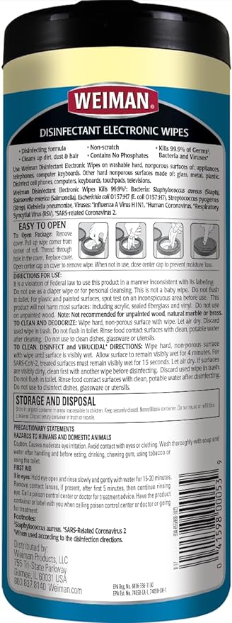 Weiman Electronics & Screen Disinfecting Wipes - Safely Clean and Disinfect Your Phone, Laptop, Keyboard, Tablets, Lens, Wipe, Glasses Cleaner, 30 Count, 2 Pack with MicroFiber Towel