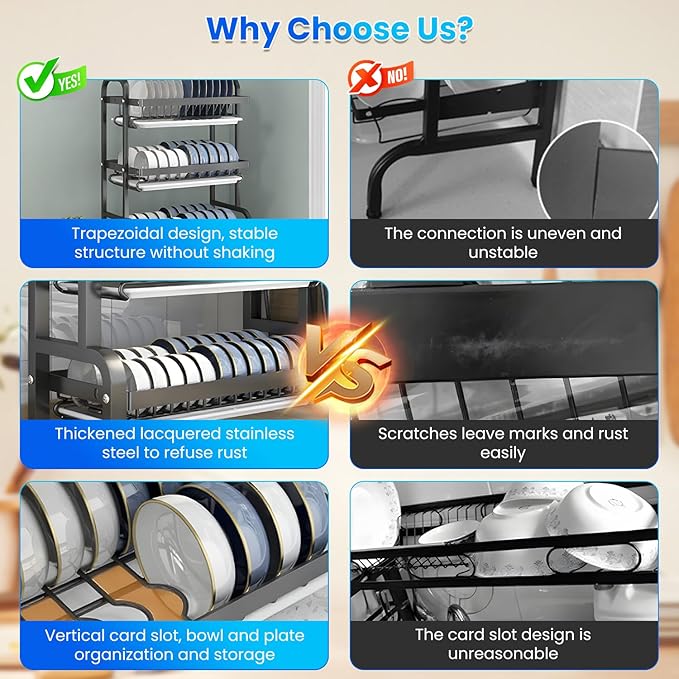 Dish Drainers for Kitchen Counter, 3 Tier Large Dish Drying Rack with Drainboard & Utensil Holders Carbon Steel Dishes Drying Rack for Kitchen Counter Storage