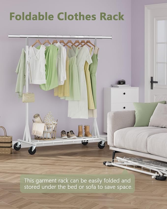 Hoctieon 1-Minute Assembly Clothes Rack, 480 lbs Heavy Duty Rolling Clothing Racks with Wheels, Foldable Garment Rack, Extendable Hanging Bar, Adjustable Metal Pole with Hooks, White