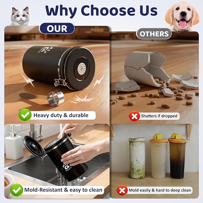 ENONCI Dog Treat Container Airtight,8.2"x5.9" Stainless Steel Cat Treat Jar for Kitchen Counter with Scoop, Pet Storage for Fresh Dog Cookie