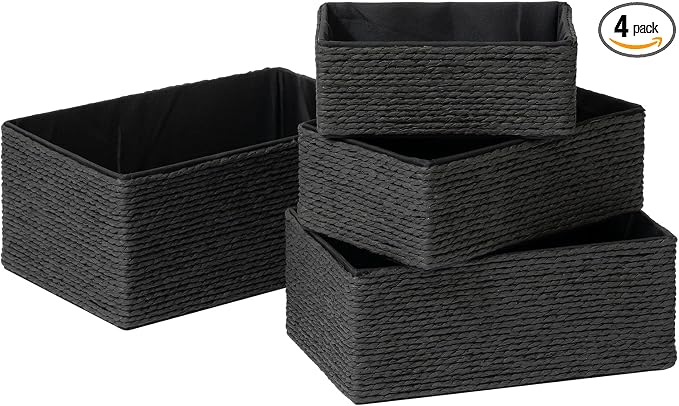 LA JOLIE MUSE Storage Baskets Set 4 - Sturdy Woven Paper Rope Decorative, Stackable Wicker Baskets for Makeup Closet Bathroom Bedroom (Ebony Black)