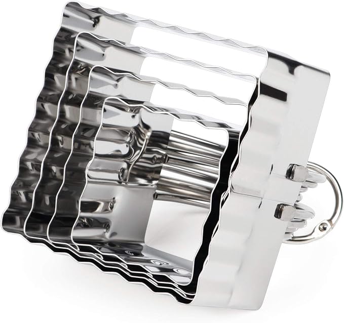 HULISEN Square Biscuit Cutter Set (4 Pieces/Set), Stainless Steel Cookies Cutter with Handle, Professional Baking Dough Tools (Ripple Square)