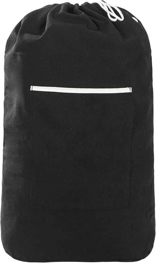 Canvas Laundry Bag, Laundry Backpack, Black, X-Large | Washable Laundry Collector,Thick Woven Adjustable Shoulder Straps,Large Front Pocket,Drawstring Closure,for College,Camping