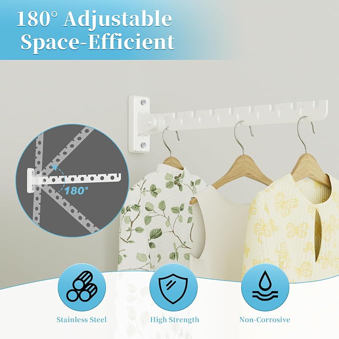 Alise Clothes Drying Rack Wall Mounted Foldable Coat Hanger,White,1P | Hangers Rack Clothes Hook Closet Storage Organizer, Swivel Space Saving Clothes Hanger Rack for Bedroom Bathroom Laundry