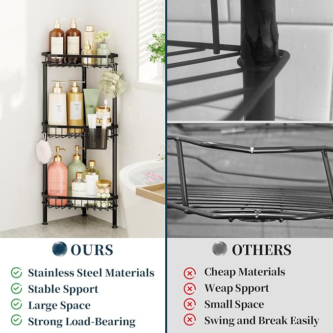 Consumest Corner Shower Caddy Stand - Rustproof Bathroom Organizer&Storage | 3 Tier Shower Shelves for Inside Shower, Stainless Steel Corner Shelf with Soap Holder, 4 Hooks, Brush Holder, Black