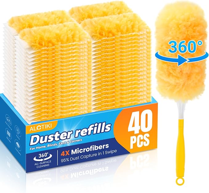 Alotiki Duster Refills, 40 Count 360° Dusters for Cleaning with 1 Handle | Heavy Duty Duster Refill for Dust Cleaning, 360° Double-Sided Disposable Duster for Blinds, Electronics, Furniture