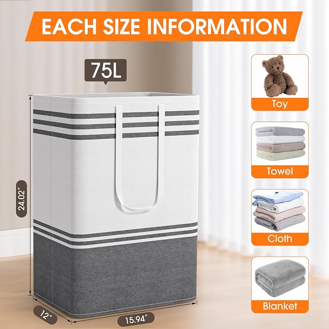 2 Pack Large Laundry Baskets, Laundry Hampers for Dorm, Bathroom, Room 75L | Freestanding, Waterproof, Collapsible Clothes Bags with Reinforced Handles - Foldable Dirty Clothes Baskets Laundry Bins