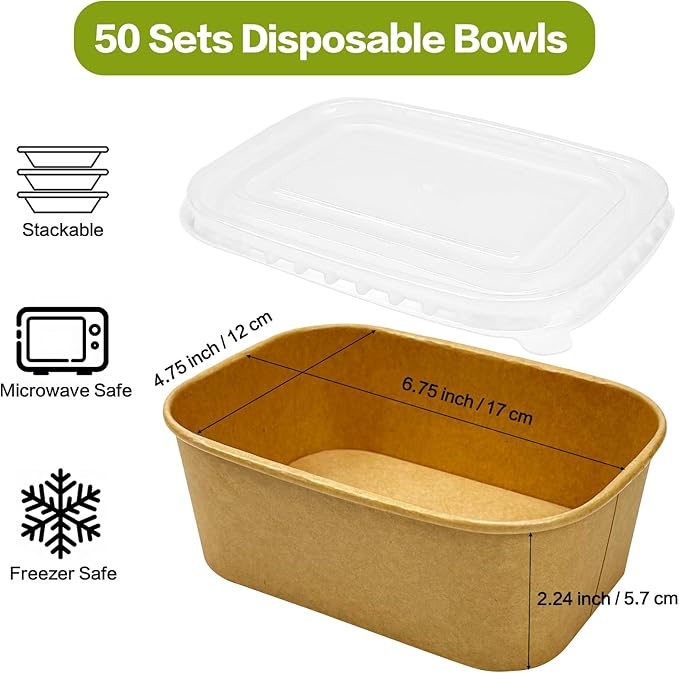 50 Pack Paper Meal Prep Containers with Lids, 20 oz Disposable and Compostable Take out Food Containers Rectangular to Go Paper Bowls for Leftovers, Salad, Soup, Snack