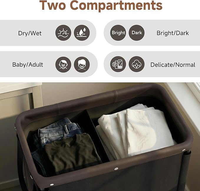 StorageWorks 2 Section Laundry Hamper, 100L Black Sorter Cart with Wheels
