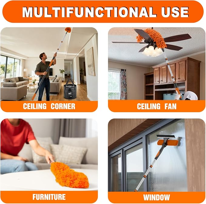 SISUPASSIE 26FT Reach High Ceiling Duster Kit, Window Cleaning kit with 5-20FT Extension Pole, Fan Duster for Ceiling Fan Blades, Microfiber Feather Duster, Window Squeegee, Bucket and Cobweb Duster