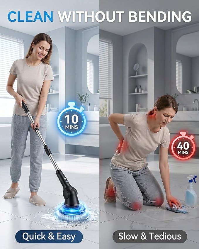 Electric Spin Scrubber, 3-Speed Shower Scrubber with Long Handle & 10 Replaceable Brush Heads, Cordless Full-Body IPX7 Waterproof Shower Cleaner Brush with 90 Mins Runtime for Bathroom
