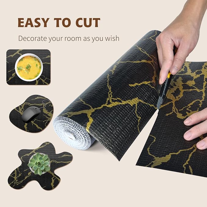 2-Layer Drawer and Shelf Liner for Kitchen Cabinet: 17in X 30Ft Non Slip | Waterproof Shelf Paper Non Adhesive Refrigerator Liners Black/Gold Marble Easy Liners for Bathroom with Knife Tape Measure