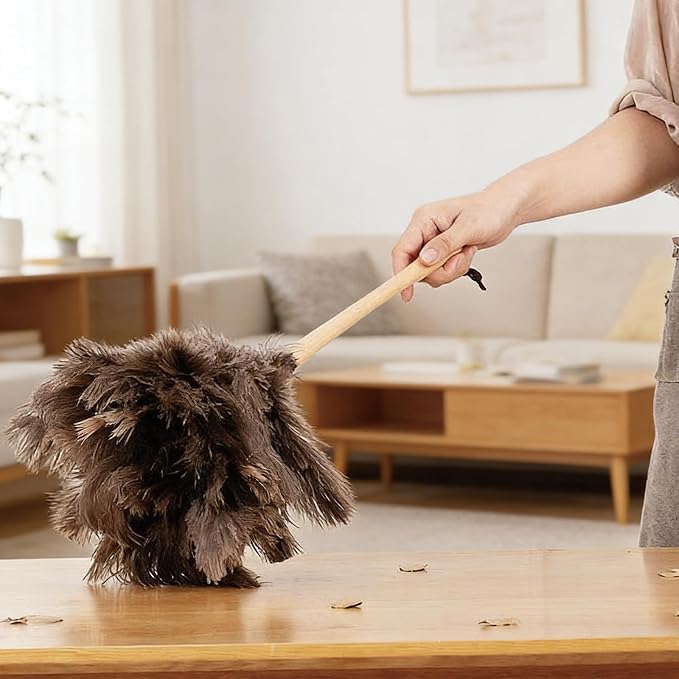 NCEDN Genuine Ostrich Feather Duster 15 inches – Soft Dense Real Feathers, Wooden Handle, Feather Duster for Cleaning Furniture, Blinds & Car Interior