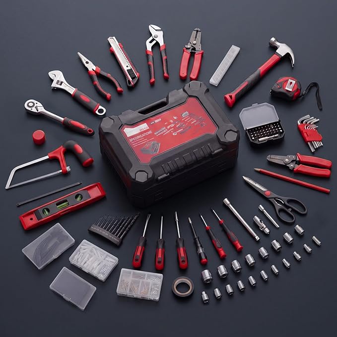 OLIXIS 330 Piece Home Repair Tool Kit with Pull-Out Drawer, Carbon & Cr-V Steel Tool Box, Complete Homeowners Repair Kit for DIY & Auto Maintenance for Home, Black-Red