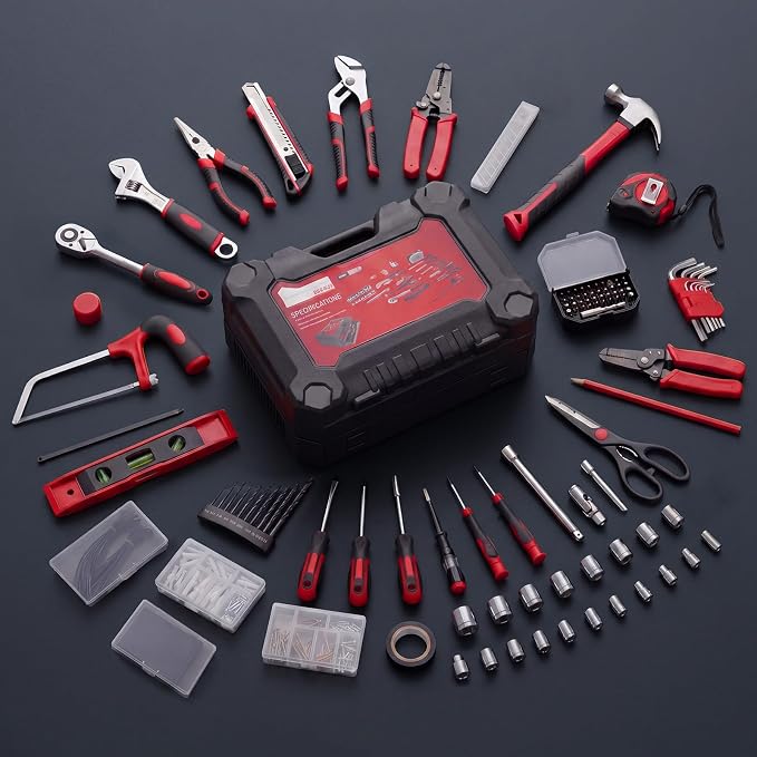 OLIXIS 330 Piece Home Repair Tool Kit with Pull-Out Drawer, Carbon & Cr-V Steel Tool Box, Complete Homeowners Repair Kit for DIY & Auto Maintenance for Home, Black-Red
