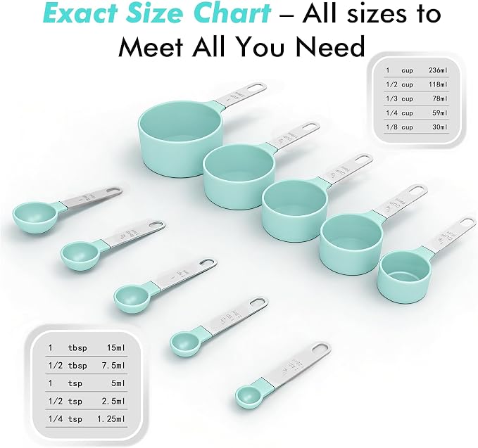 Measuring Cups and Spoons Set, 10-Piece Stackable Kitchen Tools with Stainless Steel Handles, Nesting Measurement Gadgets for Cooking & Baking (Mint)