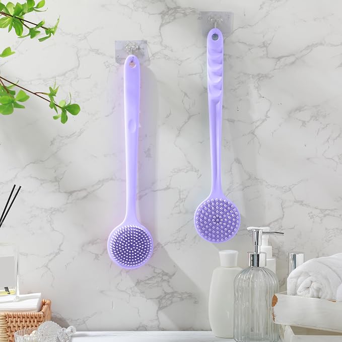 Sunnyray 2 Pack Silicone Back Scrubber for Shower with 15" Long Handle Double-Sided Bath Body Brush for Exfoliating Easy to Clean Quick Dry Deep Cleaning Lathers Well(Purple)