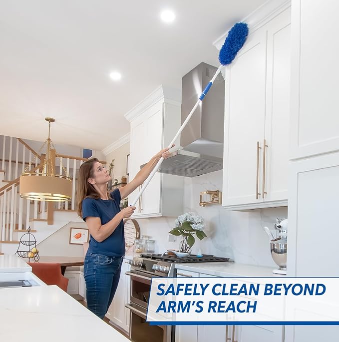 Unger Connect and Clean Microfiber Duster with Pivoting Handle & 4' Steel Telescopic Pole, High-Access Dusting and Cleaning, Dusting Tools, Cleaner Tool for Windows, TVs, Moldings, Cabinets