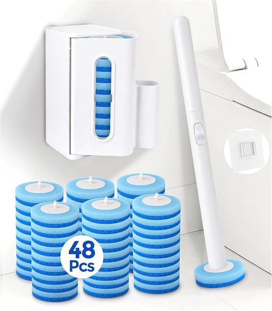 Disposable Toilet Brush and Holder Set with 48 Refills, Complete Toilet Bowl Cleaners System with Long Handle, Disposable Scrubber Heads & Storage Caddy for Bathroom Cleaning & Hard Water Stains
