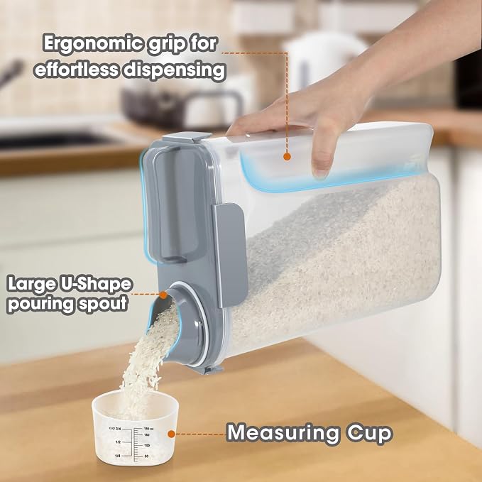 TBMAXS Rice Storage Container 10 Lbs, Airtight Food Dispenser with Large Spout and Cup for Pet Dog Cat Food Storage 7 Lbs | Portable Bird Seed Dispenser Cat Food Containers with Large Pour Spout for Travel Cereal Oatmeal Holder with Measuring Cup