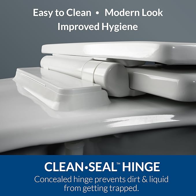 Mayfair Ashton Easy to Clean Single Hinge Toilet Seat, Modern Slow Close Wood Toilet Seat, Made in USA, Elongated, White