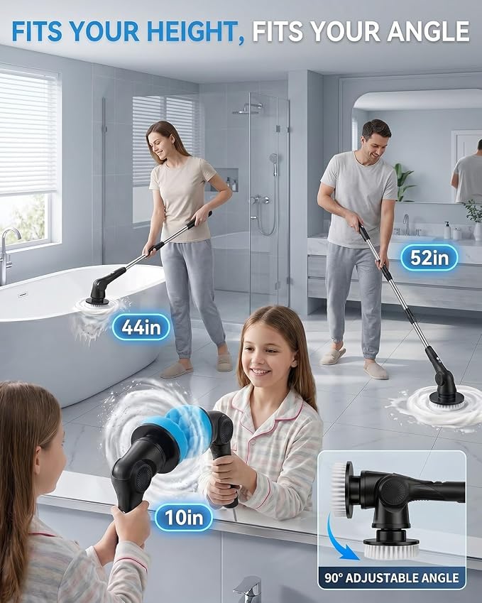 Electric Spin Scrubber, 3-Speed Shower Scrubber with Long Handle & 10 Replaceable Brush Heads, Cordless Full-Body IPX7 Waterproof Shower Cleaner Brush with 90 Mins Runtime for Bathroom
