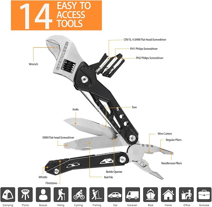 14-in-1 Adjustable Wrench Multitool EDC, Compact Multi Tool with Pliers, Knife, Saw, Screwdrivers, 30Cr13 Stainless Steel Tool for Home Repair, DIY, Camping, Hiking, and Outdoor Use