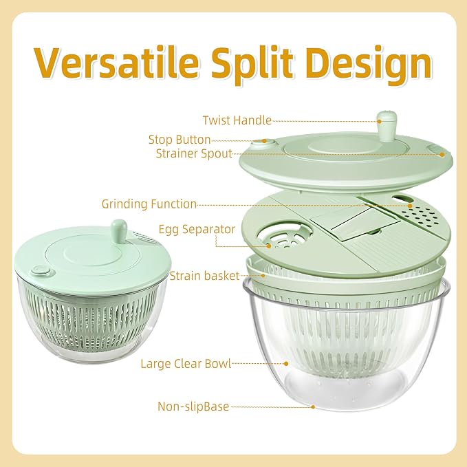 Large Capacity Green Salad Spinner, 4.24 Quart Lettuce Spinner with Dual Drainage, Efficient Salad Dryer for Quick Washing, Spinning & Draining Greens, Fruits, Veggies-with Shredding Blade