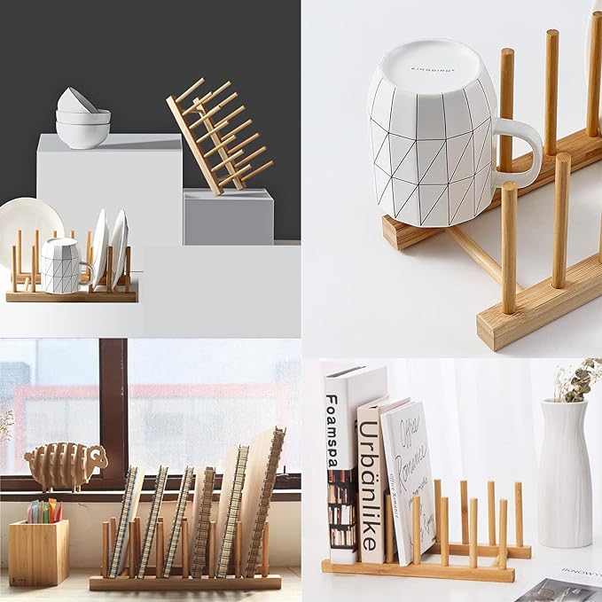 Bamboo Wooden Plate Racks Dish display Holder Kitchen Storage, Pack of 4 | Cabinet Organizer for Dish / Plate / Bowl / Cup / Pot Lid / Cutting Board/ Book (vertical)