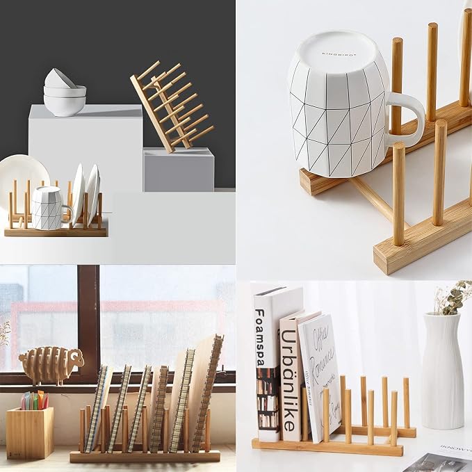 INNERNEED Bamboo Wooden Dish Rack, Vertical Plate & Lid Organizer | for Kitchen Cabinet or Countertop, Drying Stand for Dishes, Cutting Boards