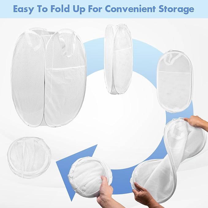 DUCOO Pop Up Laundry Hamper, 70L Collapsible Mesh Laundry Basket with Side Pocket, Foldable Dirty Clothes Hamper with Sturdy Reinforced Handles for Home Dorm Bedroom Travel Storage, White, 2Pack