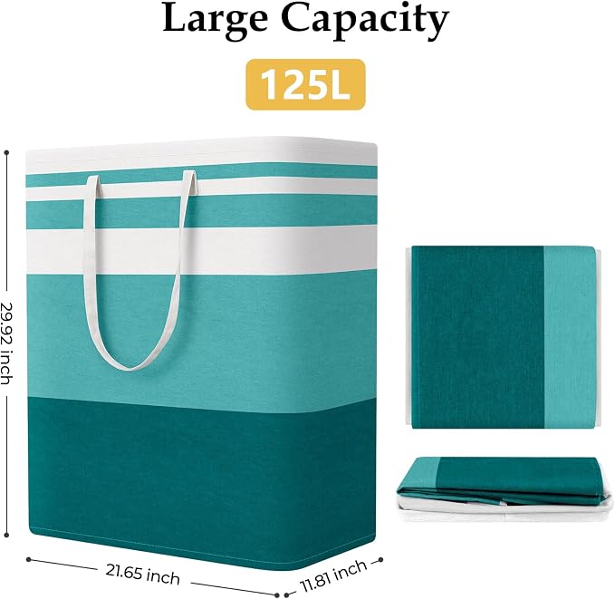 StorageRight Laundry Basket Hamper, 125L Collapsible Clothes Storage, Green | Freestanding Clothes Hampers, Foldable design, with Easy Carry Handles, For Laundry, Bedroom, Dorm, Clothing, Towels, Toys