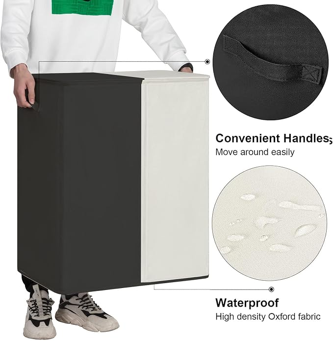WOWLIVE Double Laundry Hamper with Lid, 154L Large Laundry Basket Organizer | Collapsible Dirty Clothes Hamper 2 Section, with Removable Laundry Bags for Laundry Room, College Dorm, Black and Beige